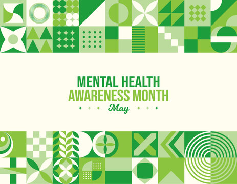 Mental Health Awareness Month Vector Illustration. May concept. World Mental Health Day. Neo Geometric pattern Background. Typography Abstract poster design. Social media post, website header, card