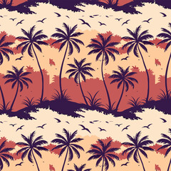 seamless pattern with palm trees,  A seamless tropical palm tree pattern, sketched with simple lines and overlapping watercolors, conveying the feeling of sunset shades of fiery red, deep purple and g