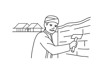 Construction Worker Building Brick Wall Rural Village Scene