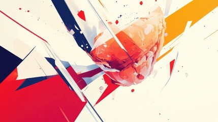 Abstract representation of colorful motion and dynamic energy with vibrant shapes, featuring a central fragmented object surrounded by vivid hues and angular designs