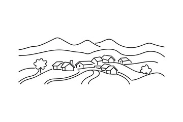 Simple Line Drawing of Rural Village in Mountainous Landscape