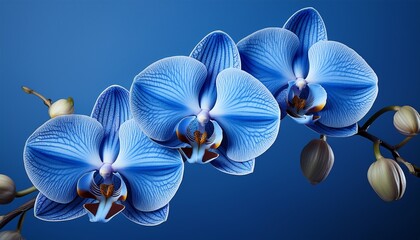 Elegant blue orchids bloom against a solid royal-blue background, highlighting the flower’s delicate structure, vivid color, and natural beauty in a minimalistic floral composition.