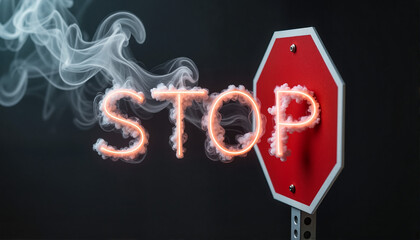 Stop sign with glowing letters and smoke background for blogs, websites, safety campaigns, educational materials, warning signs, digital graphics, and awareness initiatives