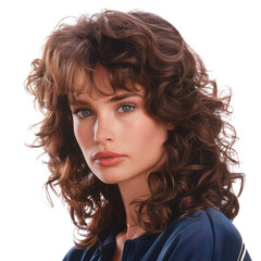 young woman with curly brown permed hair no background