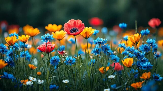 Colorful flower field in soft light. Ideal for nature or spring themes