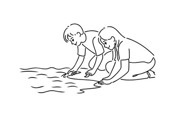 Children Playing by Waters Edge, Simple Line Drawing Illustration
