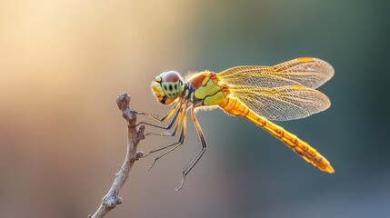 Vibrant Dragonfly Perched on a Branch in Soft Morning Light