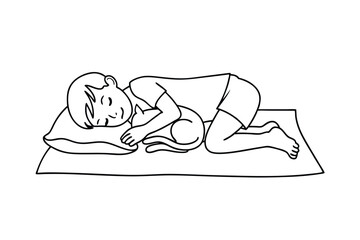 Boy Sleeping Soundly with Cat on Mat, Peaceful Rest