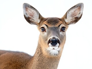 Fototapeta premium Close Up of Deer Facing Camera on White Background in Winter