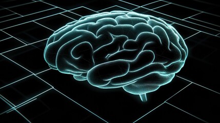 Abstract Digital Brain Network Glowing Blue Points on Dark Grid Background