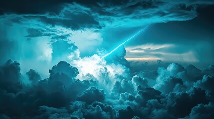 Stunning Thunderstorm Cloudscape with Electric Lightning Bolt Illuminating Dramatic Sky and Dark Stormy Clouds at Dusk, Perfect for Nature and Weather Themes