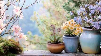 Naklejka premium Serene Springtime Balcony Garden Scene featuring Blooming Flowers in Pastel Pots