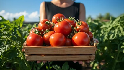Farmer holding fresh tomatoes in crate.