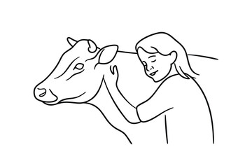 Girl Gently Cares for Cow Line Art, Farm Animal, Affectionate Bond