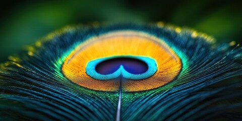 Naklejka premium Close-up of a vibrant peacock feather showcasing brilliant blues and golds in a mesmerizing pattern.