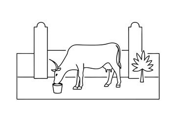 Cow in a simple line drawing, eating from a bucket, near fence posts and a palm tree