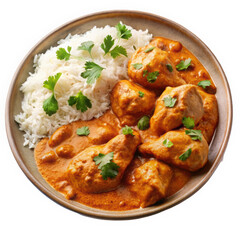 Fototapeta premium Delicious chicken curry served with fluffy white rice, garnished with fresh cilantro. A flavorful dish showcasing rich spices and creamy sauce.