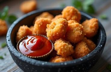 A small black stone bowl filled with crunchy fried chicken nuggets served with spicy ketchup