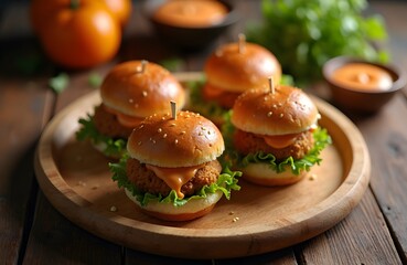 A small wooden platter with mini fried chicken sliders topped with lettuce and chipotle mayo