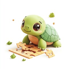 Cute turtle working on a puzzle
