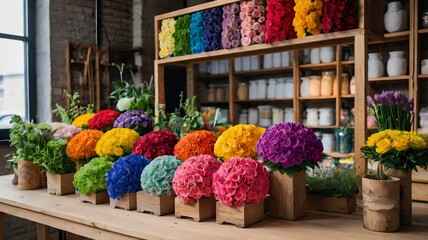 Many different colors on the stand or wooden table in the flower shop.