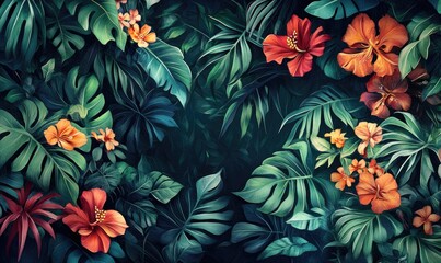Dense Tropical Floral Arrangement Featuring Lush Green and Orange Leaves and Flowers in Pixelated Style