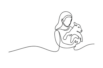 Single Line Drawing Woman Gently Holding a Lamb, Peaceful Scene