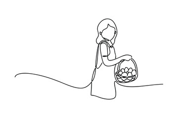 Singleline drawing girl Easter eggs basket spring harvest celebration