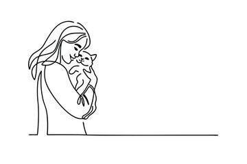 Woman Gently Embraces Adorable Kitten, OneLine Drawing Art