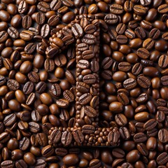 Naklejka premium Coffee beans forming the shape of number 1, close-up shot, deep roasted textures, glossy and matte surfaces, warm caffeine theme, balanced composition, bright and inviting.