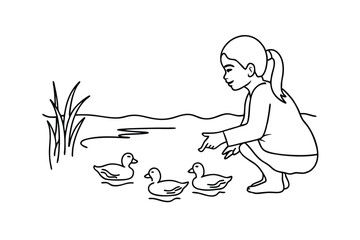 Girl Watching Three Cute Ducks by a Ponds Edge