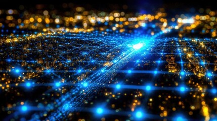 Obraz premium Aerial View of Illuminated City at Night, Blue and Gold Network Connections