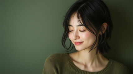Obraz premium 落ち着いた緑の背景に微笑む日本人女性・視線を外した瞬間