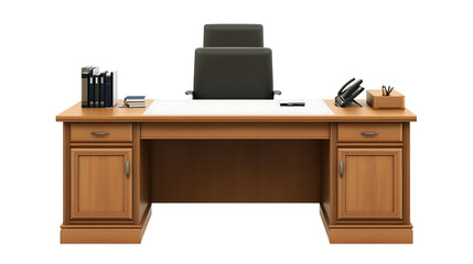 Elegant Wooden Executive Desk with Telephone, Stationery Holder, and Office Chair  on transparent background , png , cutout