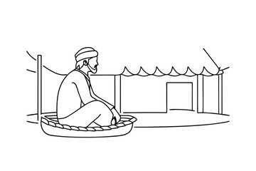 Arab man meditating outside tent peaceful desert scene