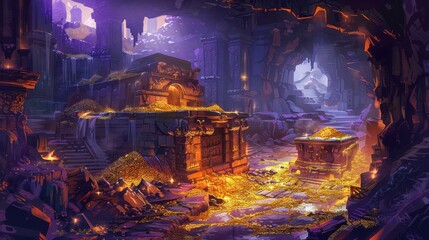 Obraz premium Ancient temple ruin filled with piles of gold coins and treasures in a cavern, with mysterious archways, steps, and fantasy elements.