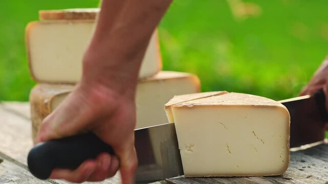 Delicious Ossau-Iraty cheese wheel being cut with a special cheese knife.