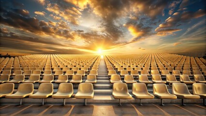 Obraz premium Golden Seats at Sunset A Serene View of Empty Stadium Rows Extending Towards a Radiant Horizon