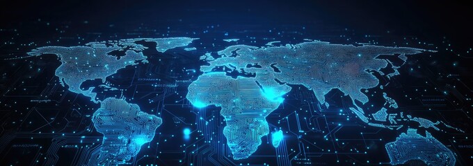Digital World Map with City Light Connection Technology on Blue Background Abstract Global Network Design and Data Communication Earth Illustration