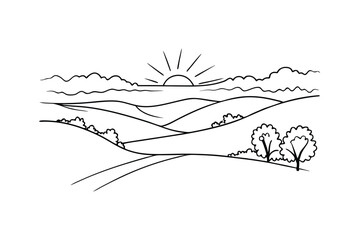 Sunrise Over Rolling Hills Simple Line Drawing Landscape