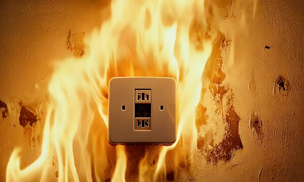 Electrical outlet engulfed in flames. Wall scorched and melting around. A danger risk caused by faulty wiring