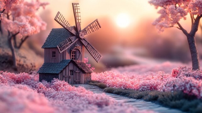 Miniature Windmill in Pink Flower Field at Sunset