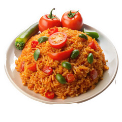 A vibrant plate of Nigerian jollof rice garnished with fresh tomatoes and green peppers, showcasing an explosion of colors and flavors.