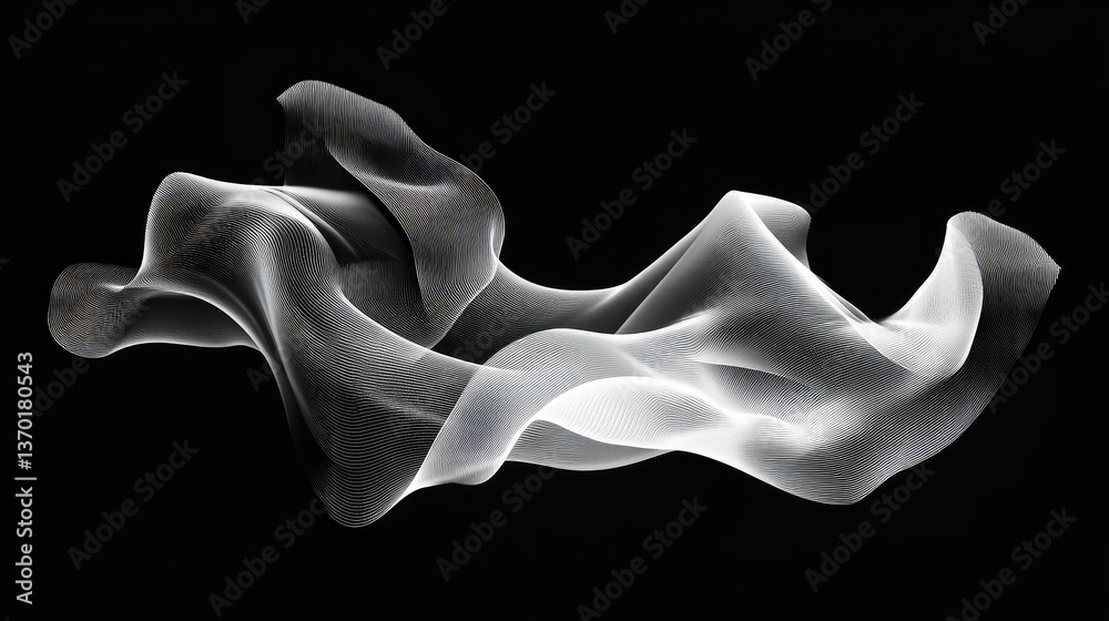 Poster abstract flowing white wave forms on black background, creating dynamic movement and texture in a vi