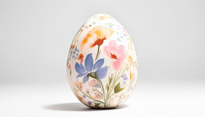 Elegant Easter egg with hand-painted floral pattern on white background. Soft pastel colors and botanical design