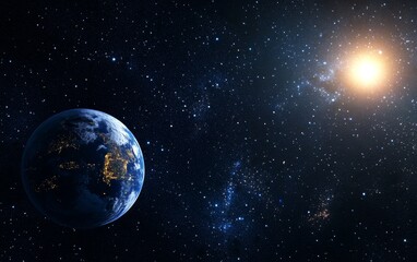 Obraz premium 3D Rendered Earth and Moon with Sunlit Stars: Stock Photo Style, 20mm Lens