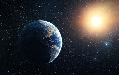 Obraz premium 3D Rendered Earth and Moon with Sunlit Stars: Stock Photo Style, 20mm Lens
