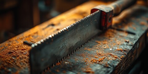 Close-up of a handsaw with a wooden handle resting on a dusty workbench, illuminated by warm lighting.