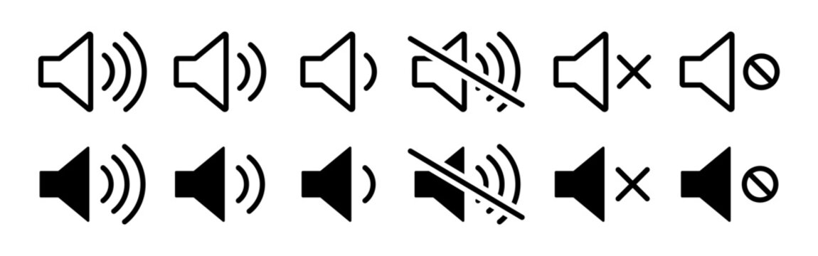 Vector isolated Volume icon set in black outline and fill