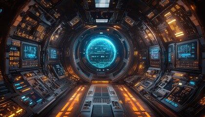 Fototapeta premium Futuristic spacecraft interior with a large glowing spherical display